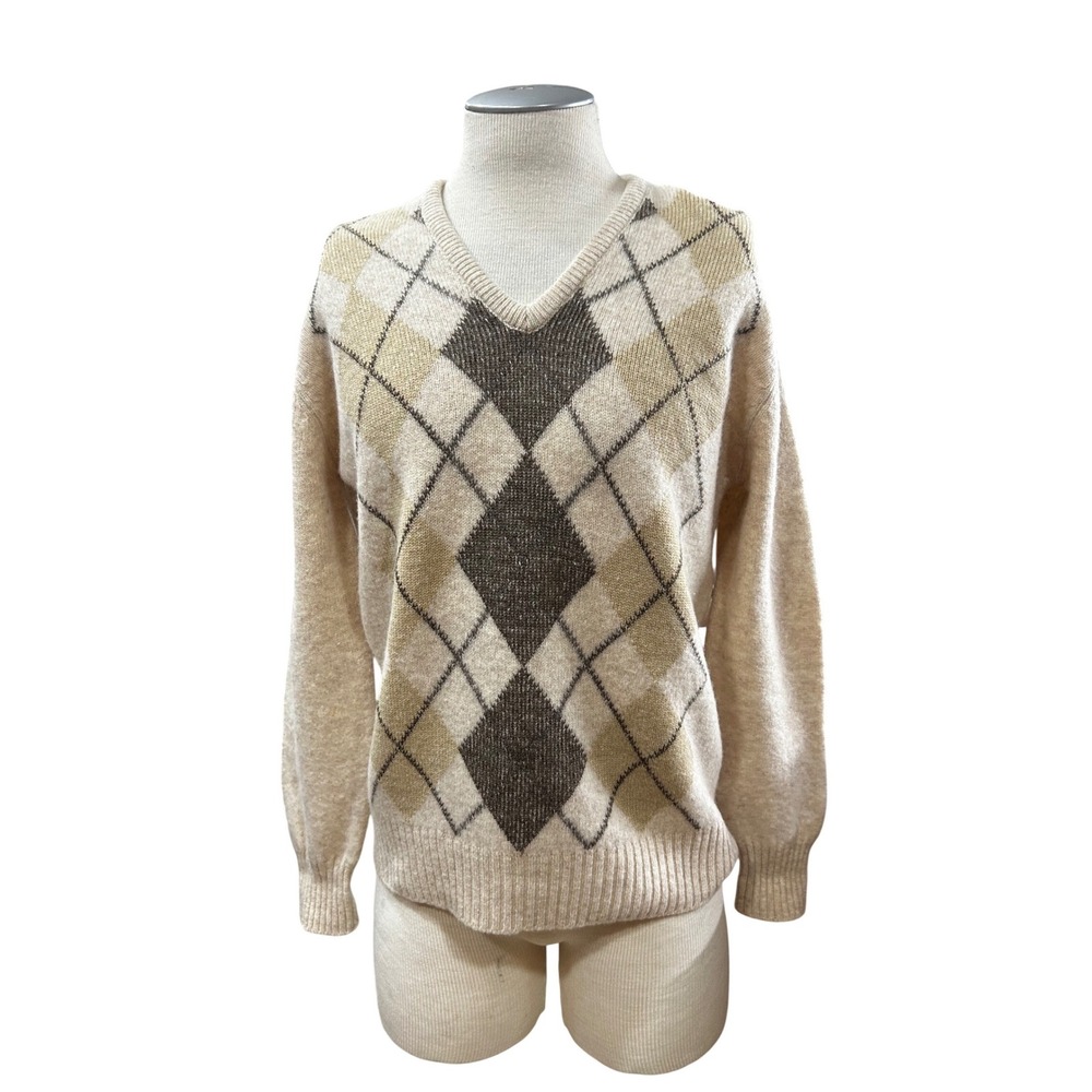Moffat Woollens Scotland Argyle V-Neck Sweater Mens 42 Tan Brown Wool Knit